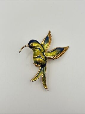 Vintage Gold Tone Blue Green Enamel Hummingbird Brooch Pin